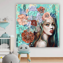 Lade das Bild in den Galerie-Viewer, Acrylglasbild Abstrakte Frau im Blumenmeer Quadrat
