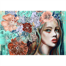 Lade das Bild in den Galerie-Viewer, Leinwandbild Abstrakte Frau im Blumenmeer Querformat

