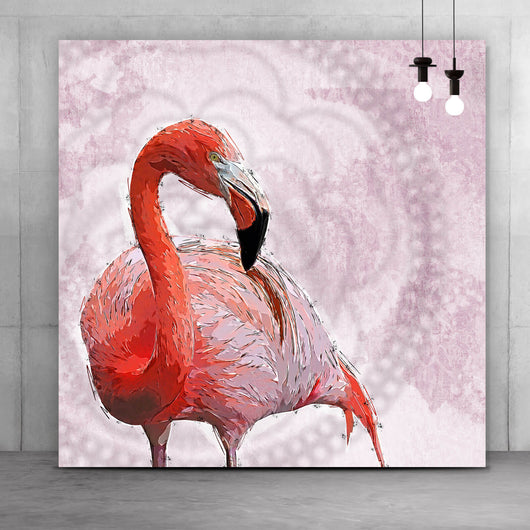 Leinwandbild Abstrakter Flamingo auf Rosa Quadrat