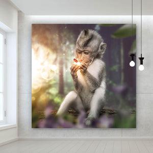 Aluminiumbild Affe mit Schmetterling Quadrat