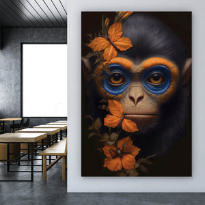 Aluminiumbild gebürstet Affenkind mit Schmetterlingen Digital Art Hochformat
