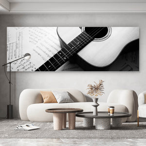 Aluminiumbild Akustik Gitarre auf Noten Panorama
