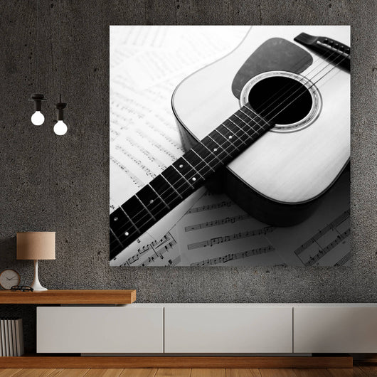 Spannrahmenbild Akustik Gitarre auf Noten Quadrat