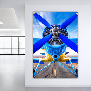 Spannrahmenbild Retro Flugzeug Blau Hochformat
