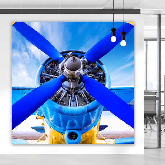 Spannrahmenbild Retro Flugzeug Blau Quadrat