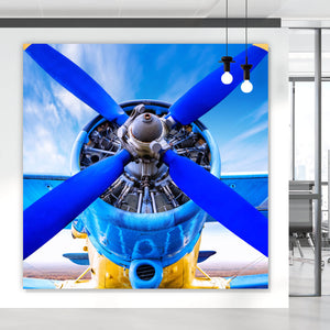 Aluminiumbild Retro Flugzeug Blau Quadrat
