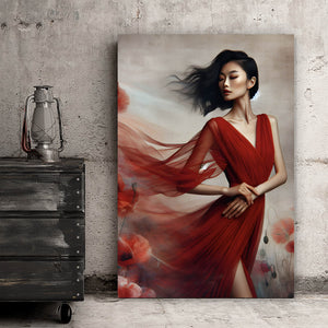 Aluminiumbild Asiatische Frau mit Mohnblumen Hochformat