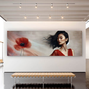 Aluminiumbild Asiatische Frau mit Mohnblumen Panorama