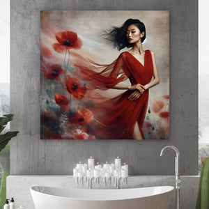 Acrylglasbild Asiatische Frau mit Mohnblumen Quadrat