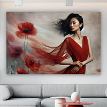 Lade das Bild in den Galerie-Viewer, Leinwandbild Asiatische Frau mit Mohnblumen Querformat
