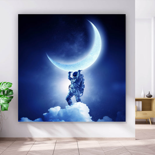 Spannrahmenbild Astronaut der den Mond trägt Quadrat