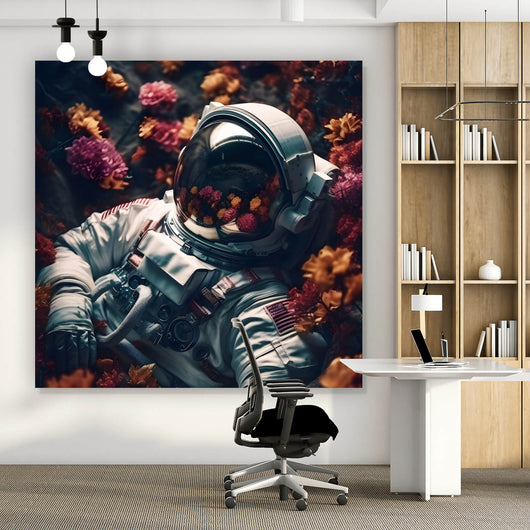 Aluminiumbild gebürstet Astronaut im Blumenmeer Digital Art Quadrat