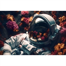 Lade das Bild in den Galerie-Viewer, Aluminiumbild gebürstet Astronaut im Blumenmeer Digital Art Querformat
