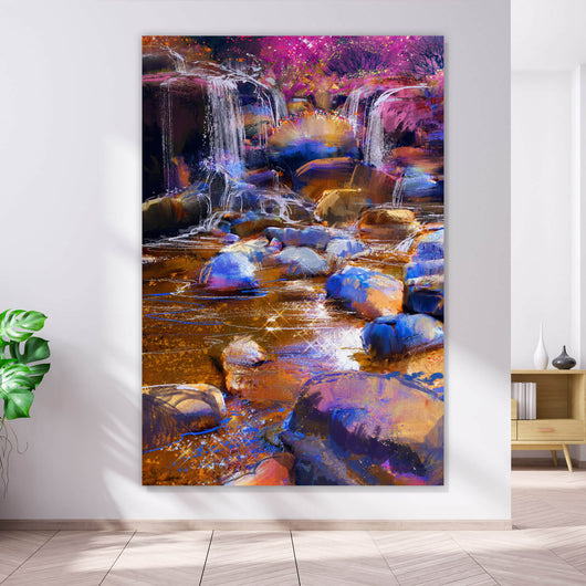 Spannrahmenbild Bunte Malerei eines Wasserfalls Hochformat