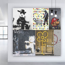 Lade das Bild in den Galerie-Viewer, Aluminiumbild gebürstet Banksy - Charakter Collage Quadrat
