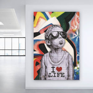Aluminiumbild Banksy - Junge i love life Hochformat