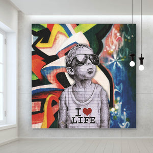 Aluminiumbild gebürstet Banksy - Junge i love life Quadrat