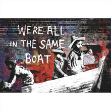 Lade das Bild in den Galerie-Viewer, Aluminiumbild gebürstet Banksy - We&#39;re all in the same boat Querformat
