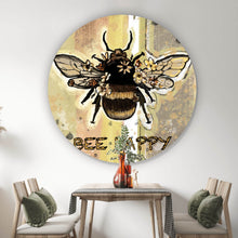 Lade das Bild in den Galerie-Viewer, Aluminiumbild gebürstet Biene bee happy Vintage Kreis

