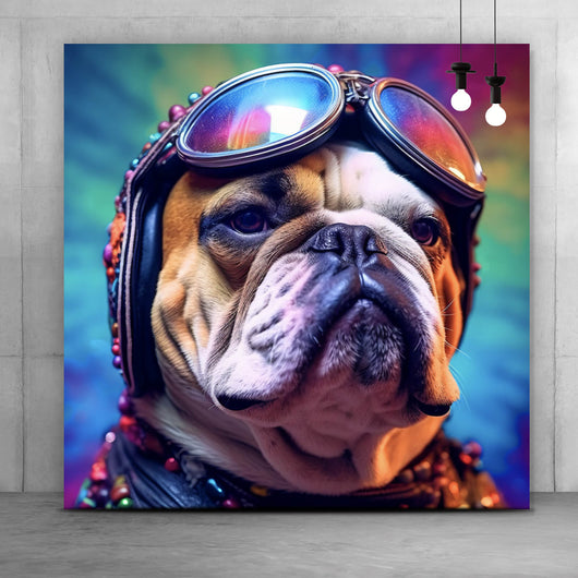 Aluminiumbild gebürstet Biker Bulldogge Modern Art Quadrat