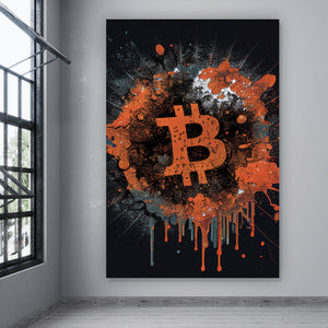 Acrylglasbild Bitcoin Abstrakt Orange mit Spritzer Hochformat