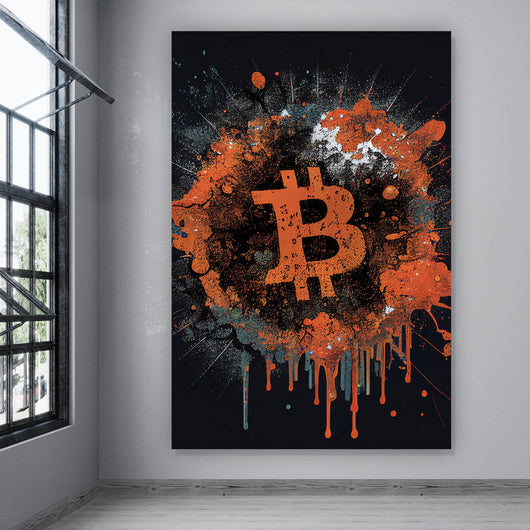 Aluminiumbild gebürstet Bitcoin Abstrakt Orange mit Spritzer Hochformat