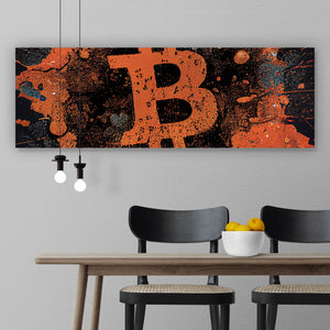 Acrylglasbild Bitcoin Abstrakt Orange mit Spritzer Panorama