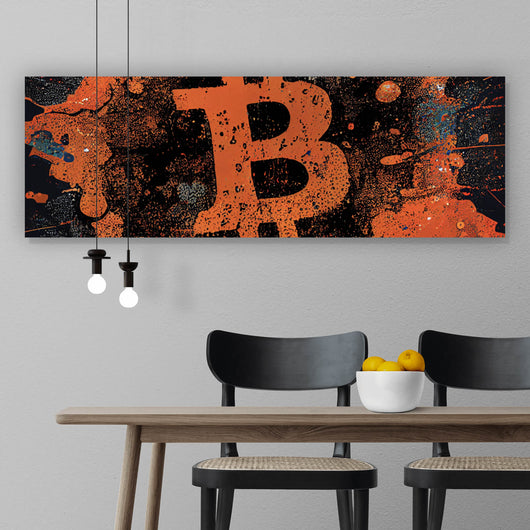 Acrylglasbild Bitcoin Abstrakt Orange mit Spritzer Panorama