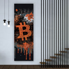 Lade das Bild in den Galerie-Viewer, Acrylglasbild Bitcoin Abstrakt Orange mit Spritzer Panorama Hoch
