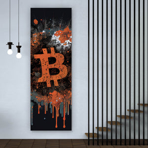 Aluminiumbild gebürstet Bitcoin Abstrakt Orange mit Spritzer Panorama Hoch