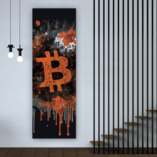 Spannrahmenbild Bitcoin Abstrakt Orange mit Spritzer Panorama Hoch