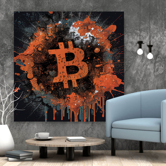 Acrylglasbild Bitcoin Abstrakt Orange mit Spritzer Quadrat