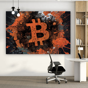Aluminiumbild gebürstet Bitcoin Abstrakt Orange mit Spritzer Querformat