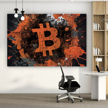 Lade das Bild in den Galerie-Viewer, Aluminiumbild Bitcoin Abstrakt Orange mit Spritzer Querformat
