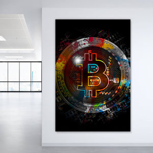 Spannrahmenbild Bitcoin mit bunten Farbspritzern Abstrakt Hochformat