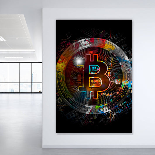Aluminiumbild gebürstet Bitcoin mit bunten Farbspritzern Abstrakt Hochformat