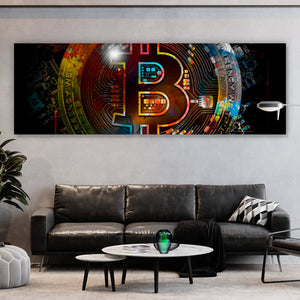 Aluminiumbild gebürstet Bitcoin mit bunten Farbspritzern Abstrakt Panorama