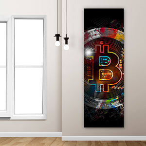 Spannrahmenbild Bitcoin mit bunten Farbspritzern Abstrakt Panorama Hoch