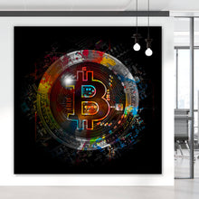 Lade das Bild in den Galerie-Viewer, Aluminiumbild Bitcoin mit bunten Farbspritzern Abstrakt Quadrat
