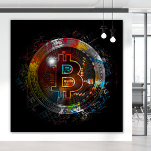 Spannrahmenbild Bitcoin mit bunten Farbspritzern Abstrakt Quadrat