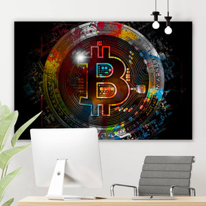 Aluminiumbild gebürstet Bitcoin mit bunten Farbspritzern Abstrakt Querformat