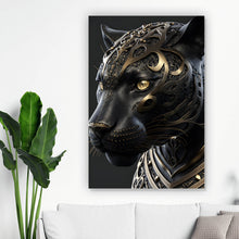 Lade das Bild in den Galerie-Viewer, Aluminiumbild Black Panther mit goldenen Verzierungen Hochformat
