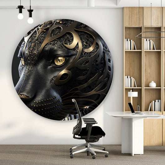 Aluminiumbild gebürstet Black Panther mit goldenen Verzierungen Kreis