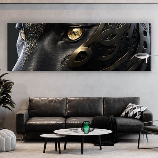 Aluminiumbild gebürstet Black Panther mit goldenen Verzierungen Panorama