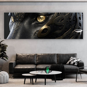 Aluminiumbild Black Panther mit goldenen Verzierungen Panorama