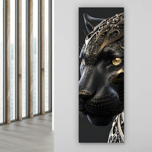 Leinwandbild Black Panther mit goldenen Verzierungen Panorama Hoch
