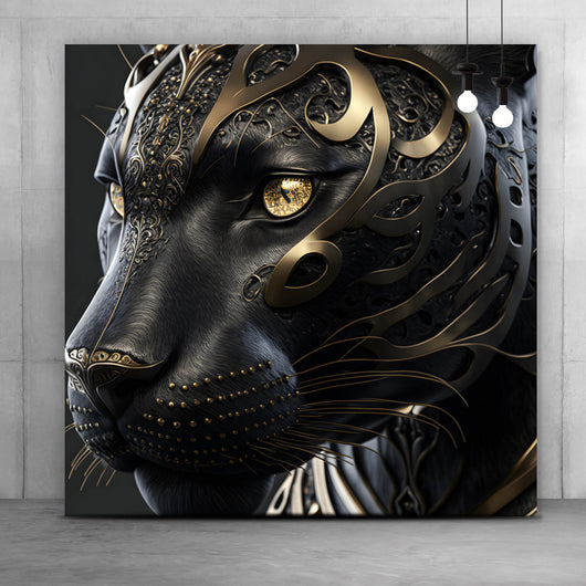 Aluminiumbild gebürstet Black Panther mit goldenen Verzierungen Quadrat