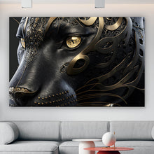 Lade das Bild in den Galerie-Viewer, Aluminiumbild Black Panther mit goldenen Verzierungen Querformat
