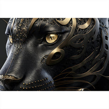 Lade das Bild in den Galerie-Viewer, Aluminiumbild Black Panther mit goldenen Verzierungen Querformat
