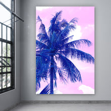 Lade das Bild in den Galerie-Viewer, Aluminiumbild gebürstet Blaue Palme mit Rosa Himmel Hochformat
